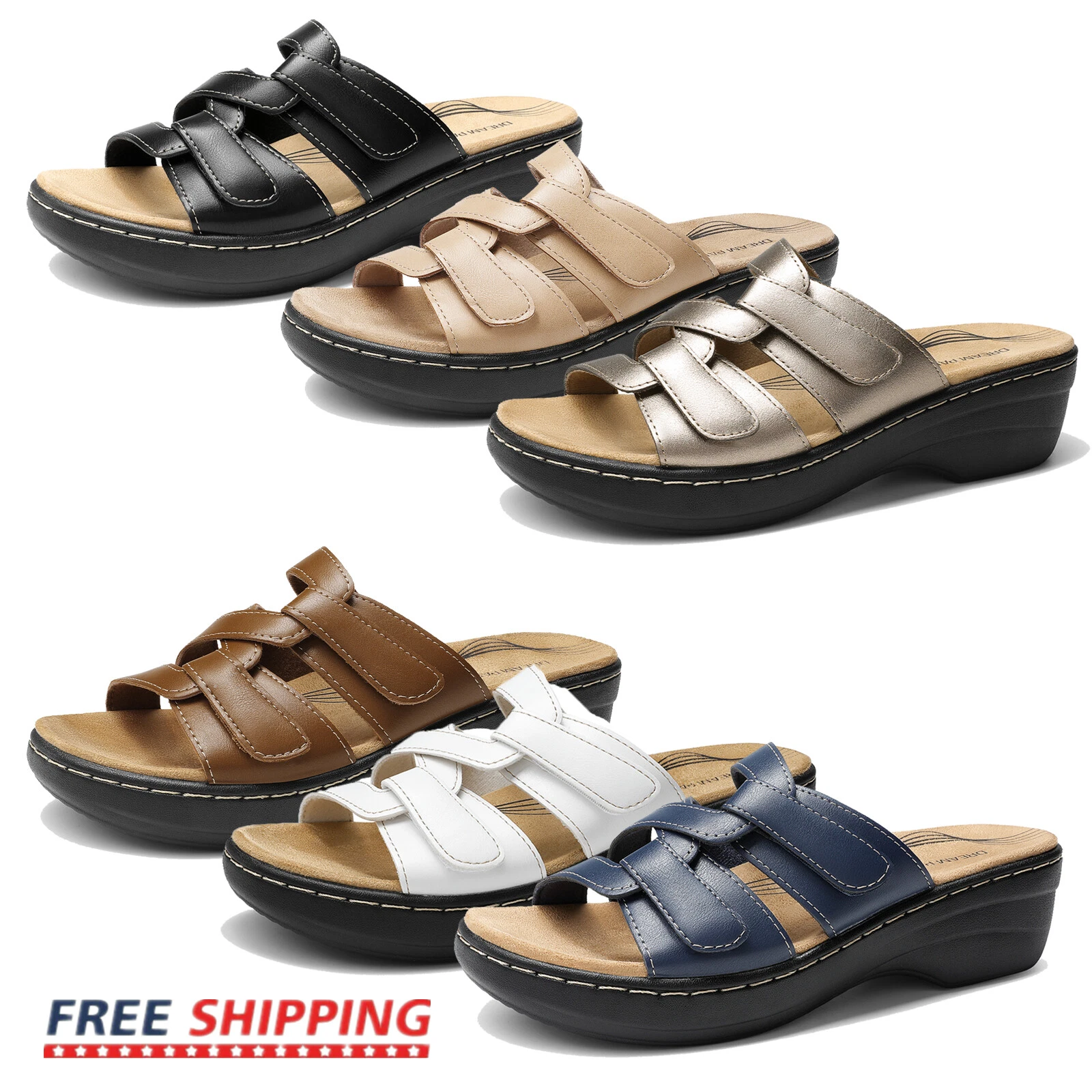 Women Arch Support Slide Sandals Adjustable Straps Beach Low Wedge Sandals