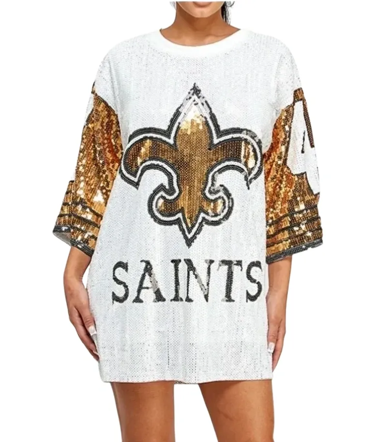 New Orleans Saints Alvin Kamara White Sequin Jersey Dress