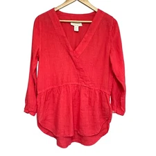 Cynthia Rowley Linen Crossover Top Blouse Womens S Coral V-Neck Relaxed Beach