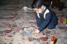 1950s Kodachrome Red Border Slide Boy Playing Jigsaw Puzzle on the Floor 