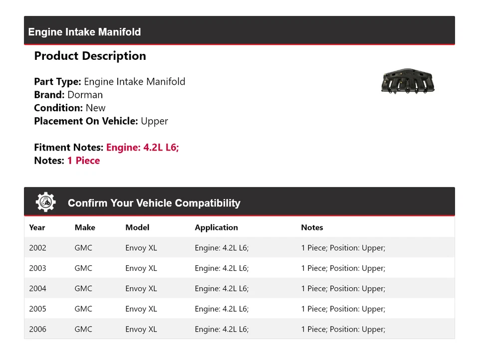Верхний впускной коллектор двигателя Dorman для 2002-2006 GMC Envoy XL 4,2 л 2003 - Изображение 2 из 4