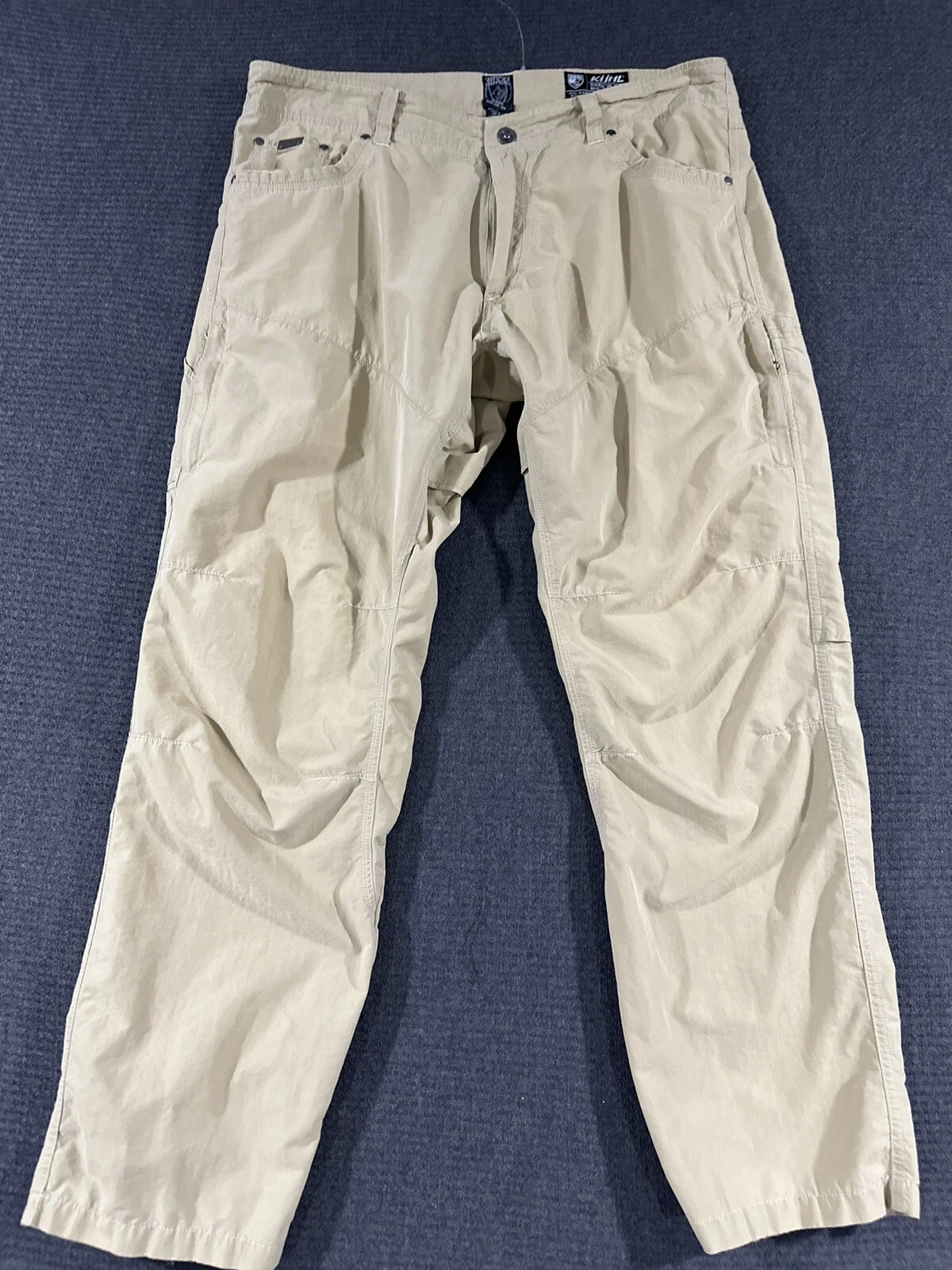 Kuhl Mens Hiking Carpenter Pants 38x32 Khaki Distressed Lightweight