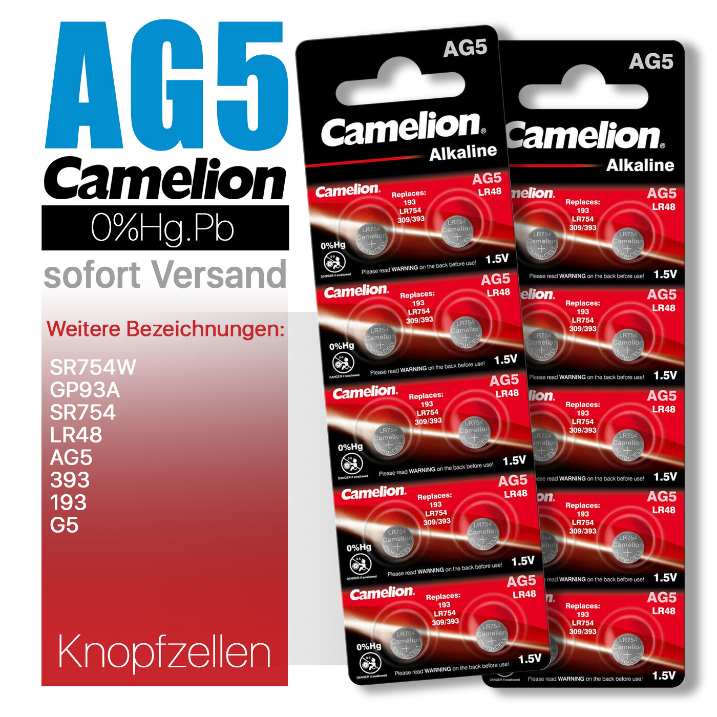 AG5 LR754 G5 LR48 193 GP93A 393 SR754W Camelion Knopfzellen MHD bis 10-2029