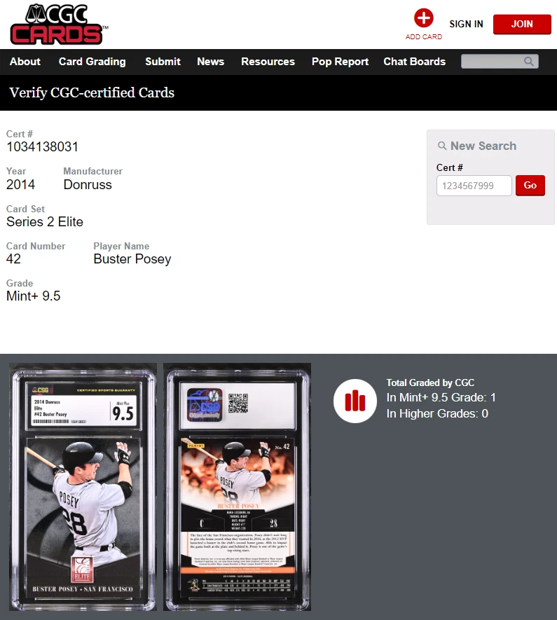 2014 Panini Donruss Elite 42 Buster Posey CSG 9.5 Mint+ POP 1 None Graded Higher - Image 3 of 3