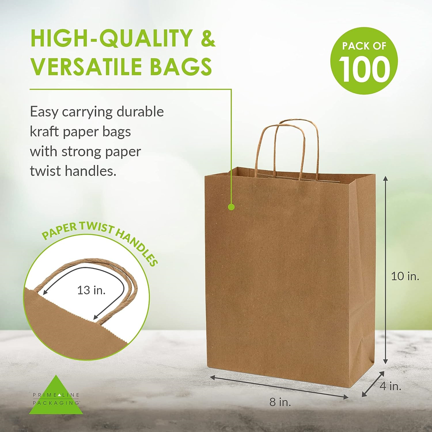Prime Line Packaging 8x4x10 Inch 100 Pack Kraft Paper Bags, Brown