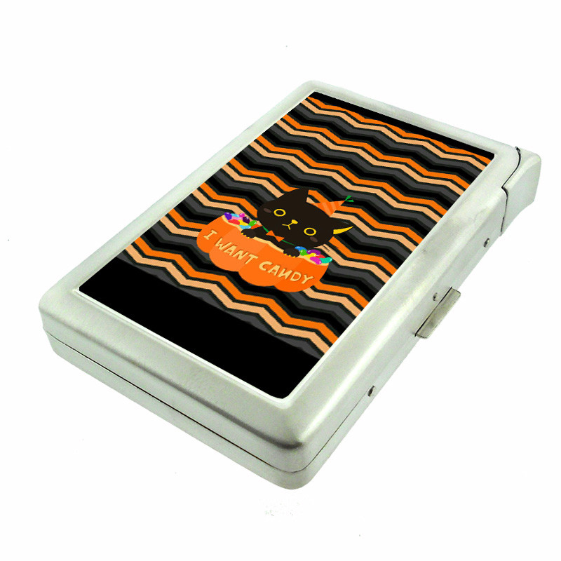 Halloween Cat Em2 Cigarette Case with Built in Lighter Metal Wallet