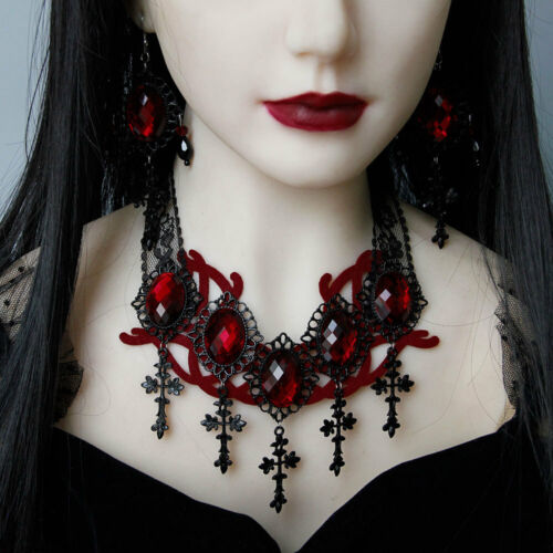 Gothic Vampire Black Cross Pendant Red Crystal Necklace Party Costume Choker - Photo 1 sur 12