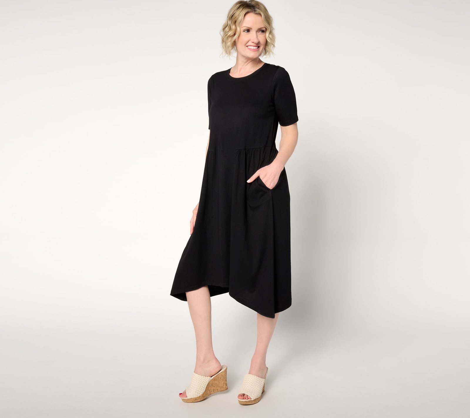 LOGO Lori Goldstein Women’s Petite Black Cotton Modal Dress with Gusset A652630