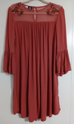 Boho Shift Dress Sheer Yoke S Dusty Rose Bell Sleeves Floral Embroidery Route 66