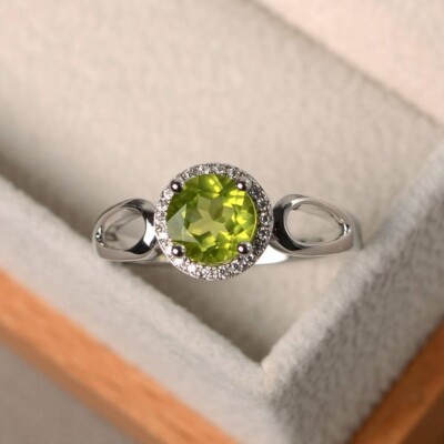 1.65 Ct Real Round Cut Peridot & Diamond Wedding Engagement Ring 14k White Gold