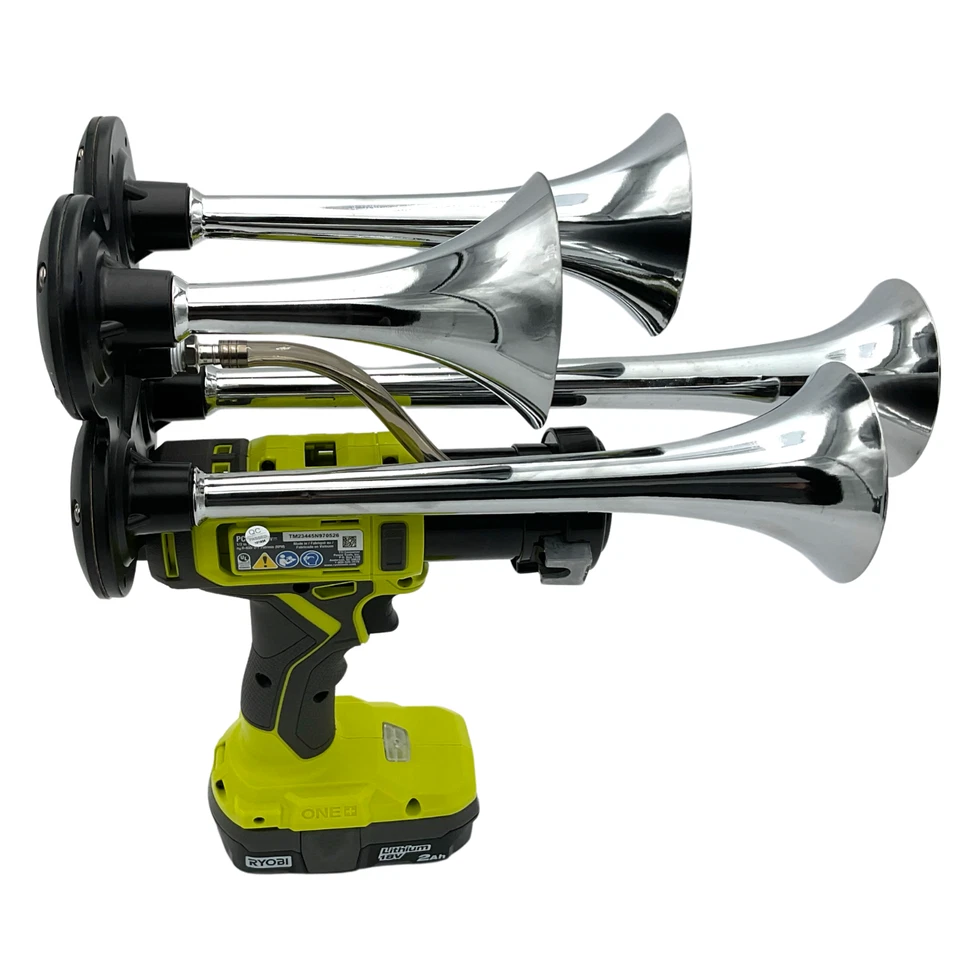 Trompetas de aire negras cuádruples 4 bocinas para tren de perforación Ryobi 18V con batería + cargador Foto 3 de 4