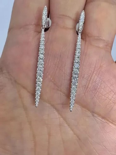 Real Moissanite 2CT Round Cut Dangle Earrings 14K White Gold Plated Silver - Picture 3 of 7