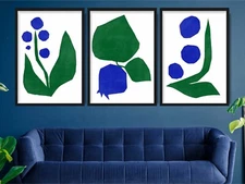 Set of 3 Prints - Abstract Blue Flowers Botanical Picture