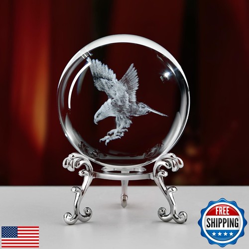 QIANCHANG 3D Engraved Eagle Crystal Ball with Stand Laser Etched Glass Eagle