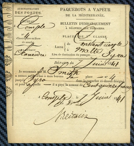 STEAM LINERS - POST OFFICE ADMIN / CONSTANTINOPLE-SYRA ticket - 1841