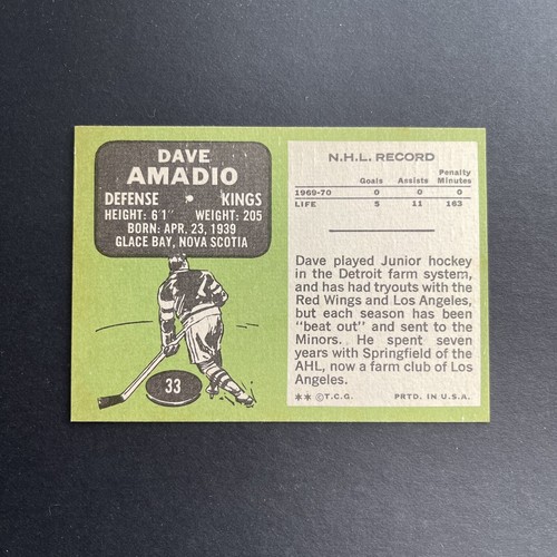 Tarjeta de colección 1970-71 Topps #33 Dave Amadio Los Angeles Kings +/- En muy buen estado-excelente/en muy buen estado-en muy buen estado - Imagen 2 de 4