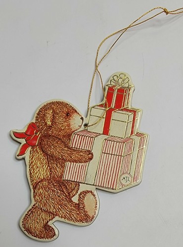 Vintage MJL Gilded Edge Die-Cut Christmas Ornament Teddy Bear Double Sided - Picture 2 of 5