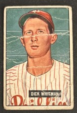 1951 Bowman Dick Whitman Baseball Rookie Card #221 Phillies OF Poor Creased O/C. rookie card picture