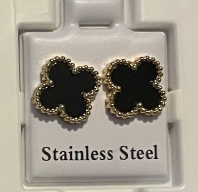 NEW Stainless Steel Medium Black and Gold Clover Flower Shape Pushback Earrings