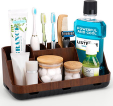 Brown Wooden Toothbrush Holder, 7-Slot Detachable Bathroom Countertop Organizer