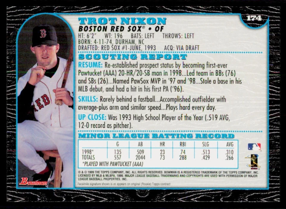 1999 Bowman #174 Trot Nixon Boston Red Sox Baseball Card - Image 2 of 2