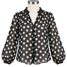 Anthropologie Black White Polka Dot Sheer Balloon Sleeve Blouse - Size S