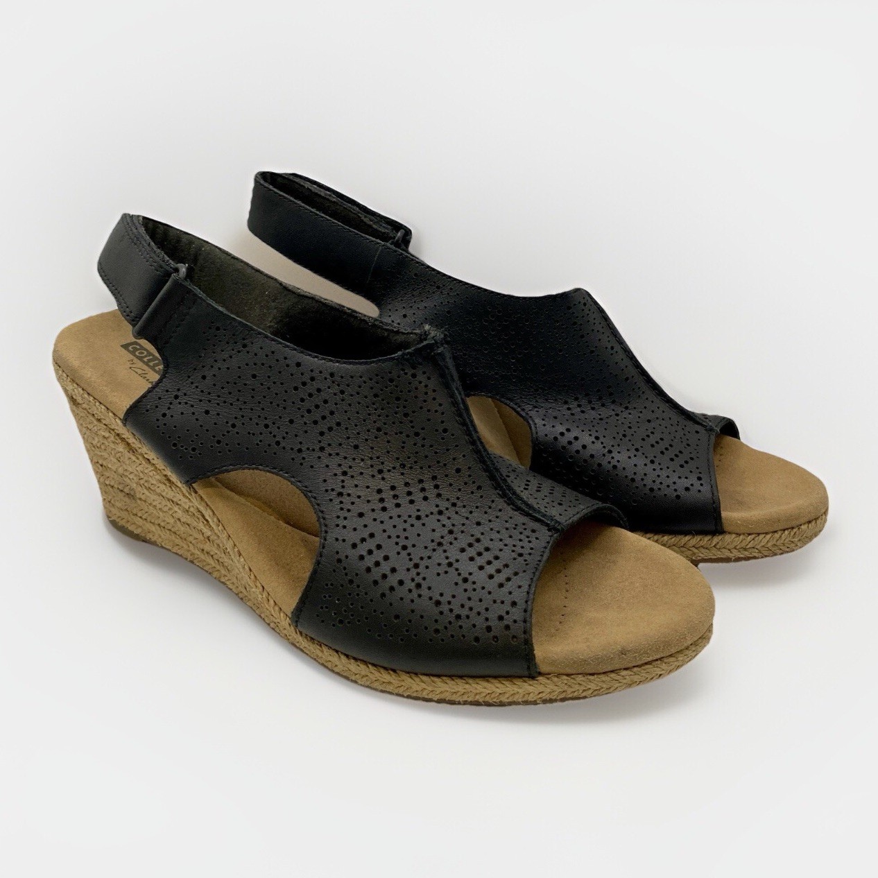 Clarks Collection Womens Black Wedge Open Toe Espadrille Sandals Size 7.5
