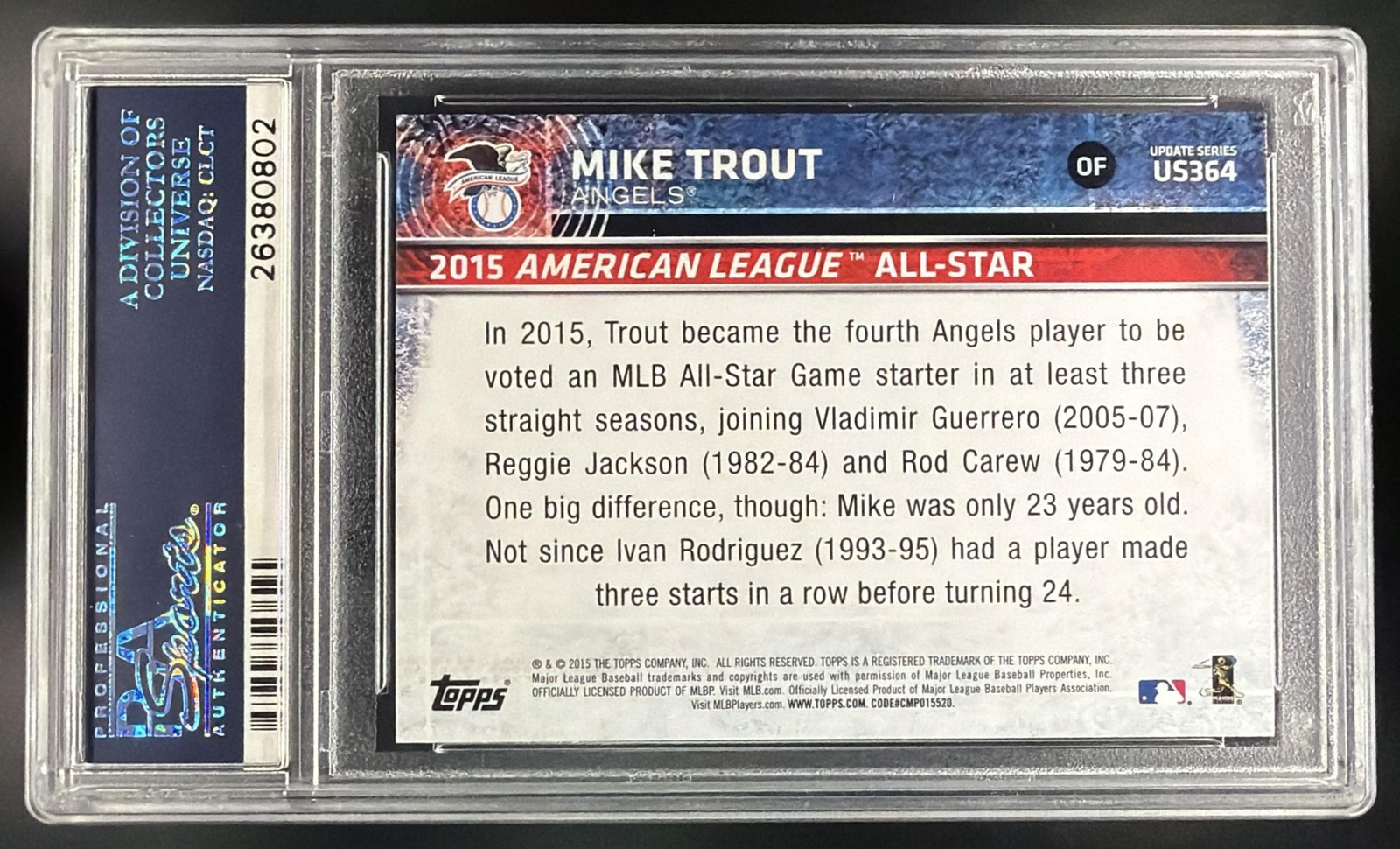 2015 Topps Update Mike Trout #US364 All-Star Angels PSA 10 view 2
