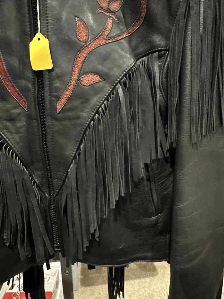 Chaqueta con flecos de cuero genuino First vintage para mujer talla 8 negra roja rosas motociclista Foto 4 de 4