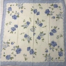 VTG VALENTINO GARAVANI Scarf Handkerchief Floral Rose Blue White 18in