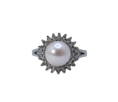 14K White Gold Cultured Pearl Double Diamond Halo Vintage Ring