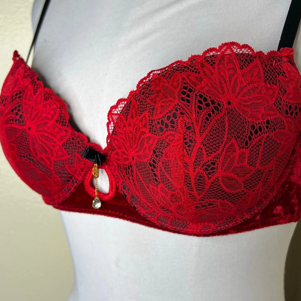 Sujetador push up Daisy Fuentes 36B rojo encaje sexy terciopelo con aros acolchado romántico Foto 3 de 4