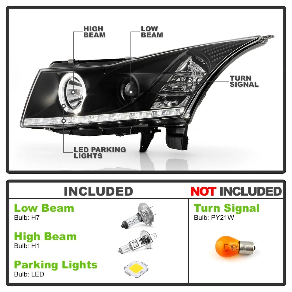 Faros halo proyectores tira LED negros Chevy Cruze DRL 2011-2016 11-16 Foto 4 de 4