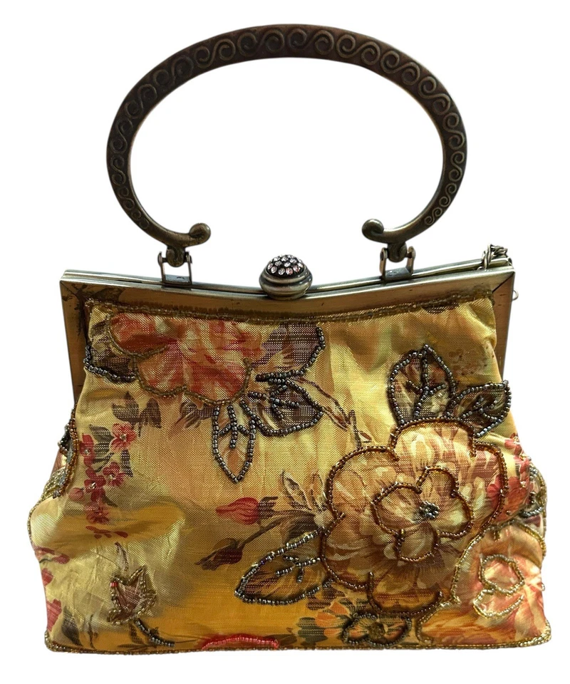 复古 IN’S 串珠金属花卉单肩包链带 Kiss 锁女式钱包 — 第 2/4 张图片