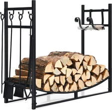Goplus Firewood Rack Indoor, 36” Firewood Holder with 4- Piece Fireplace Tools-S