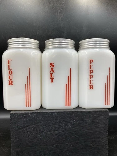 3 Hazel Atlas Red Vertical Lines Range Flour, Salt & Pepper Shakers EXC COND