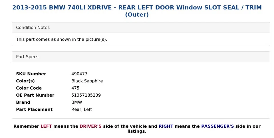 BMW 740LI XDRIVE 2013-2015 - puerta trasera izquierda ventana ranura sello/ajuste (exterior) Foto 4 de 4