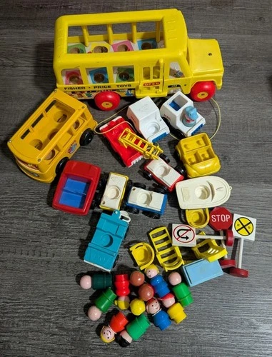 Vintage Fisher Price Lot (33) Little People, Bus, Furniture, Signs, Cars, Trucks