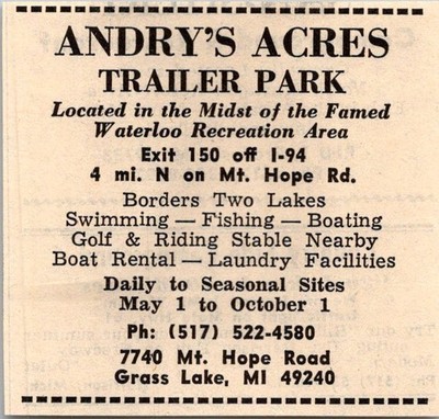 Andry's Acres Trailer Park Waterloo Recreation Grass Lake MI 1974 Ad 4AK6-S47