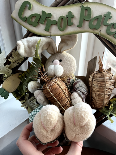 Handmade Easter Bunny Spring Wreath 18" Carrot Patch Cute Ferns Rabbit Sign - Picture 9 of 20