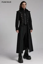 Punk Rave Men Black Gothic Punk Visual Metal Eyelet Decor Long Jacket Slim Coat