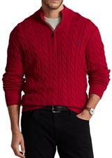 Polo Ralph Lauren Men's Red Big & Tall Cable Knit Cotton 1 4-Zip Sweater, 3 LT