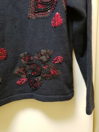 Maglione Natale Abito Donna Fienile Piccolo Nero Rosso Perline Paillettes Floreale - Foto 5 di 7
