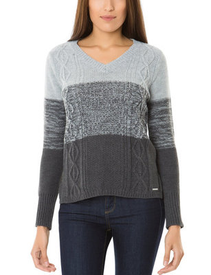 U.S. Polo Assn. Juniors V Neck Cable Knit Gradient Striped Sweater Charcoal 