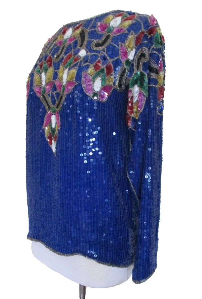 Top Vintage Años 80 Lentejuelas Azul Seda Manga Larga Diseño Multicolor M Mujer Foto 3 de 4