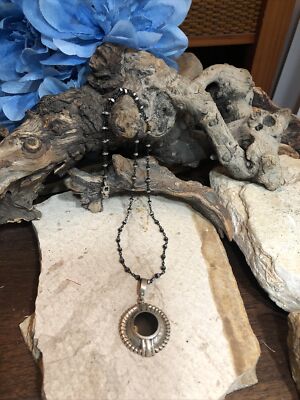 Vintage NF Sterling 925 Cable-ball chain Black Onyx Pendant Necklace 18'', 14.4g
