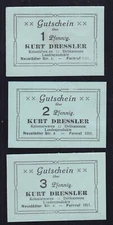 3 x Cottbus: 1, 2 + 3 Pfennig O.D. Kurt Dressler Colonial Goods Delicatessen