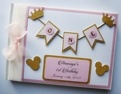 Personalisiertes Disney Minnie Gold und Rosa Geburtstag Gästebuch, Album, Geschenk