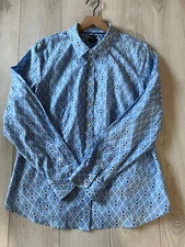 Talbots Cotton Stretch Blue Geo Printed Long Sleeve Shirts Sz 16