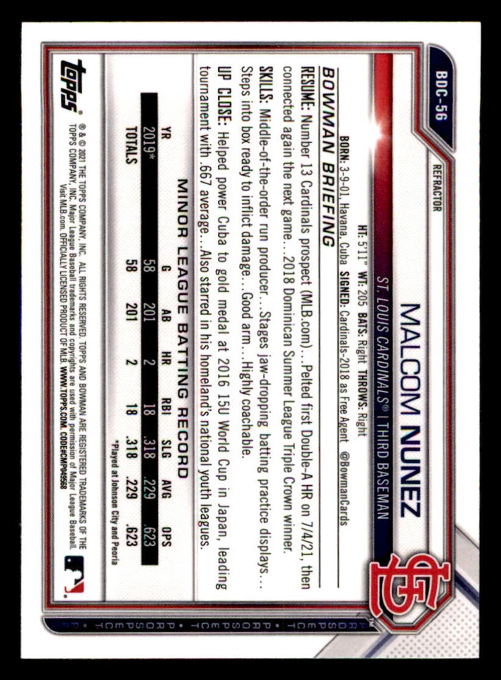 2021 Bowman Chrome Draft Refractors #BDC56 Malcom Nunez - Image 2 of 2